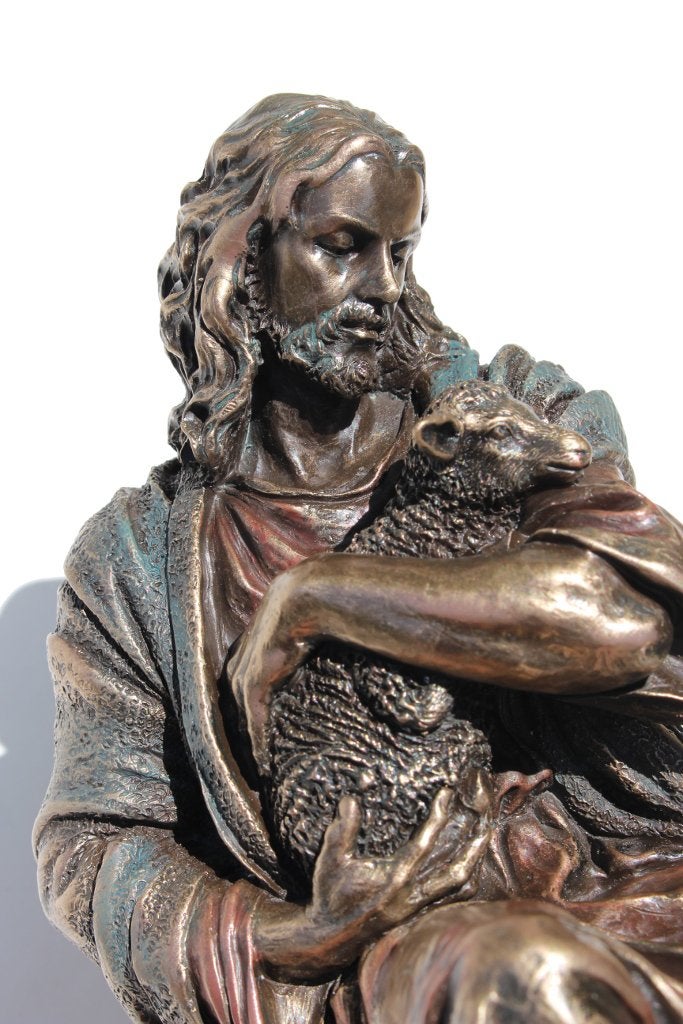 US 8.88 Inch Jesus Holding A Baby Lamb Cold Cast Bronze Figurine - Image 1